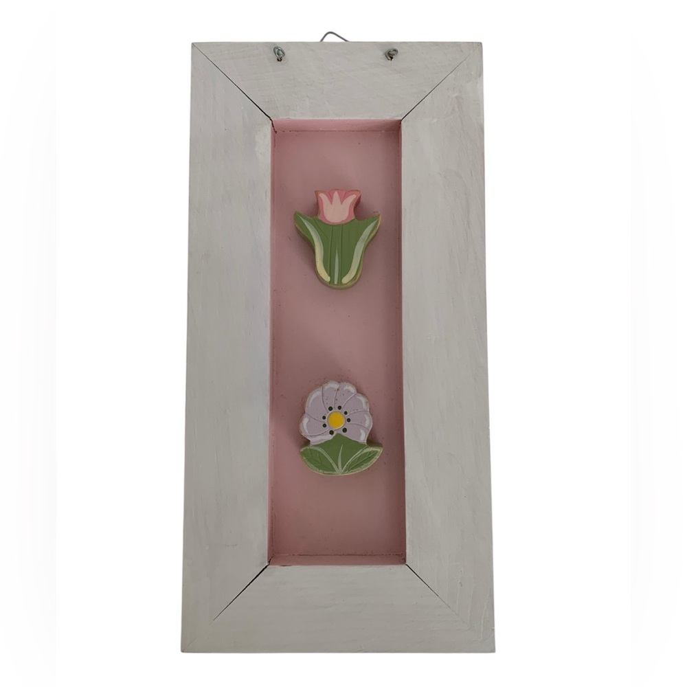 NWT Vintage Floral Wooden Box Frame Wall Art White Pink 2001 Hanging Picture